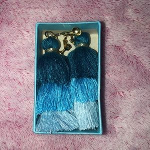Never worn, blue boho tassel clip on earrings
